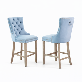 Lot De 2 Tabouret De Bar En Velours, Dossier Haut Capitonné, Pieds Bois, Bleu Clair
