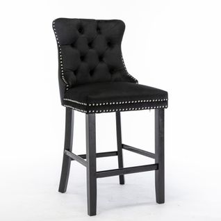 Tabouret De Bar Rembourré En Velours, Dossier Haut Capitonné, Pieds Bois, Noir