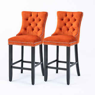 Lot De 2 Tabourets De Bar En Velours, Dossier Haut, Pieds En Bois, Orange