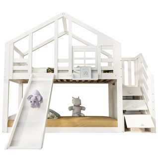 Lit Superposé 90x200 Cm, Lit Cabane Enfant, Avec Toboggan Et Rangements, En Bois, Blanc