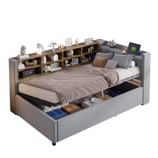 Lit Coffre 90x200 Cm, Tête De Lit, Éclairage Et Ports USB Et Type-c, En Velours, Gris
