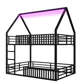 Lit Superposé Enfant 140x200 Cm, Lit Cabane, Avec LED, En Métal, Noir