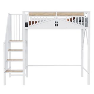 Lit Mezzanine 90x200 Cm, Avec Lattes, Rangement Dessous Et Échelle Sécurisée, En Métal, Blanc