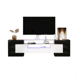 Meuble TV 200 Cm, Brillante, Avec 4 Portes, 2 Tiroirs, 3 Niches, Avec LED, Noir