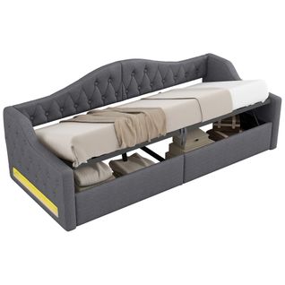 Lit Coffre 90x200 Cm, Lit Enfant Avec LED, Sommier à Lattes, En Lin, Gris