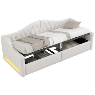 Lit Enfant 90x200 Cm, Cadre De Lit Avec Rangement Et LED, En Tissu, Beige