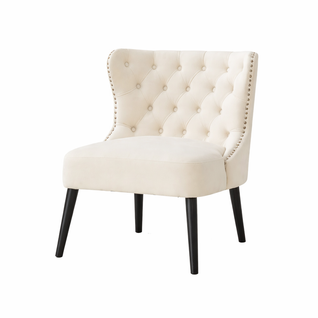 Fauteuil Sans Accoudoirs En Velours, Capitonné, Pieds En Bois Massif, Beige