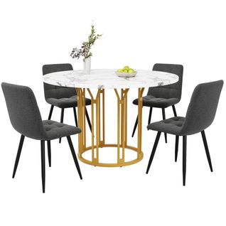 Ensemble Table Et Chaises, Table à Manger 100 Cm Avec Pieds Métal Doré Et 4 Chaises En Lin Gris