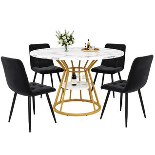 Ensemble Table Et Chaises, Table à Manger 100 Cm Avec Pieds Dorés Et 4 Chaises En Velours Gris