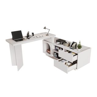 Bureau D'angle Blanc 120 X 50 Cm, Coin Animal Intégré, Modulable L Ou Droit