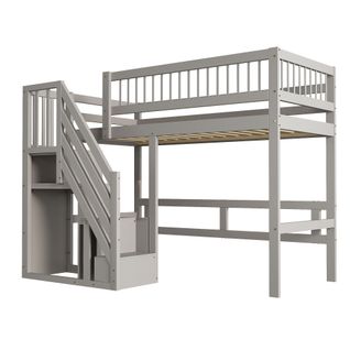 Lit Mezzanine 90x200 Cm, Avec Escalier De Rangement Et Sommier à Lattes, En Bois, Gris