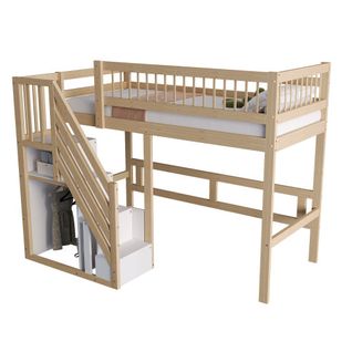 Lit Mezzanine Enfant 90x200 Cm, Escalier De Rangement Intégré Et Tête De Lit, En Bois, Naturel