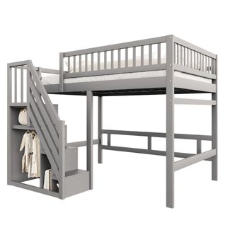 Lit Mezzanine Enfant 140x200 Cm, Avec Marches De Rangement Et Haute Barrière, En Bois, Gris