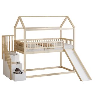 Lit Superposé Enfant 90x200 Cm, Toboggan Et Échelle De Rangement, Avec Lattes, Couleur Bois