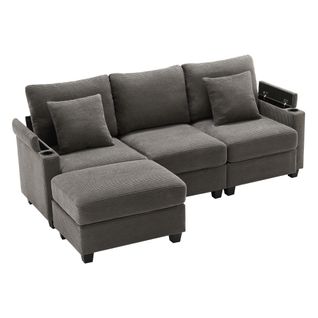 Canapé D’angle Convertible 3 Places En Velours Côtelé Gris Foncé Avec Pouf Et Port USB