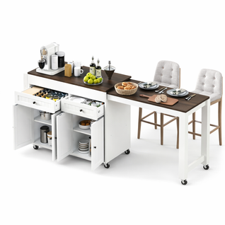 Desserte De Cuisine à 7 Roulettes Avec Plateau Extensible, En Mdf, Blanc Et Noyer