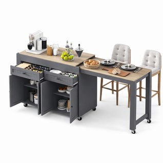 Desserte De Cuisine à 7 Roulettes Avec Plateau Extensible Et Rangements, En Mdf, Naturel Et Gris