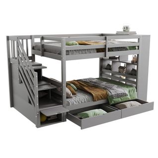 Lit Superposé 90x200 Cm Avec Tiroirs Et Escalier De Rangement, Avec Sommier à Lattes, En Bois, Gris