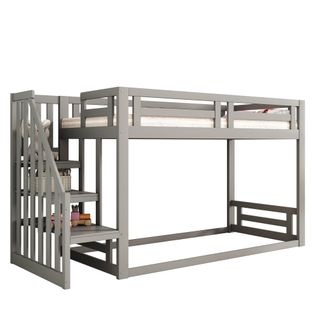 Lit Superposé Enfant 90x200 Cm Avec Escalier De Sécurité Et Rangement, Avec Lattes, En Bois, Gris