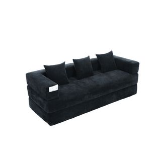 Canapé Convertible Modulable Chenille Avec Poches Latérales Et Base Antidérapante Noir