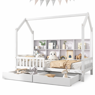 Lit Cabane Enfant 90x200 Cm, Avec 2 Tiroirs Et Étagère, Forme Maison, En Bois, Blanc