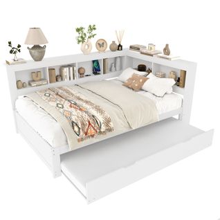 Lit Adulte 140x200 Cm Avec Lit Gigogne 90x190 Cm, Avec Prises Et Lattes, En Bois, Blanc