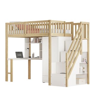 Lit Mezzanine 90x200 Cm, Armoire Et Bureau Intégrés, En Bois, Bois Naturel Et Blanc