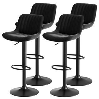 Lot De 4 Tabourets De Bar En Velours, Piètement Métal Et Bois, Hauteur Réglable, Rotation 360°, Noir