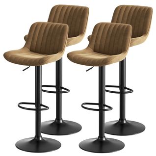 Lot De 4 Tabourets De Bar En Velours, Hauteur Réglable 87–109 Cm, Pivotant 360°, Brun