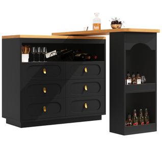 Table Haute De Bar Extensible 137-203x39 Cm, Rotative 360°, 6 Tiroirs, Noir