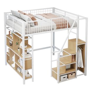 Lit Mezzanine 140x200 Cm, Avec Rangement Et Lattes, En Bois, Blanc