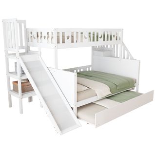 Lit Superposé 90x200 Cm Et 140x200 Cm, Avec Lit Gigogne Et Toboggan, En Bois, Blanc