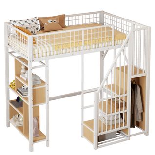 Lit Mezzanine 90x200 Cm, Rangement Intégré Et Escalier De Rangement, En Bois, Blanc