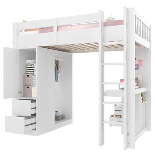 Lit Mezzanine 90x200 Cm Avec 2 Tirors, Bureau Et Rangements, En Bois, Blanc