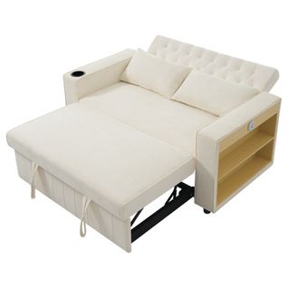 Canapé Convertible 2 Places En Chenille Beige Avec Rangement Et Prise USB