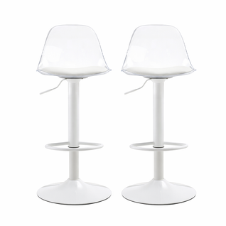 Lot De 2 Tabourets De Bar Réglables, Dossier Transparent, Piètement Métal Blanc, Blanc