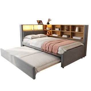 Lit Enfant 90x200 Cm Avec Lit Gigogne 90x190 Cm, Rangements, LED, En Flanelle, Gris Foncé