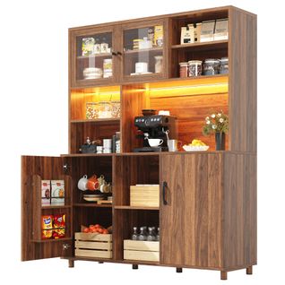 Buffet Haut 120x40x185 Cm Avec Éclairage LED Pilotable, Étagère Intégrée, Noyer