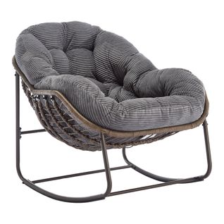 Fauteuil à Bascule En Résine Tressée, Structure Acier, Coussin Rembourré, Gris