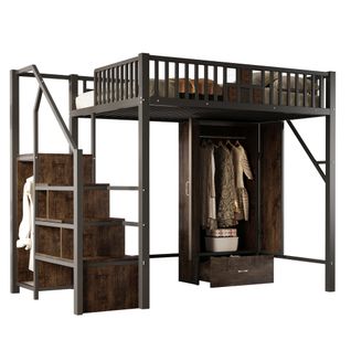 Lit Mezzanine 140x200 Cm Avec Dressing Intégré Et Tiroir, Barrière Bois Et Métal, En Bois, Noir