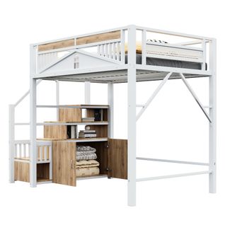 Lit Mezzanine 140x200 Cm, Escaliers à Rangement Et Garde-corps Motif Fenêtre, En Bois, Blanc