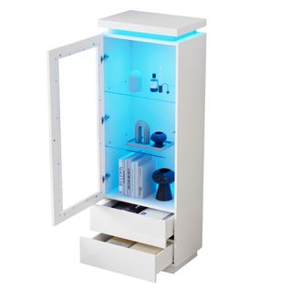 Vitrine Blanche  60x40x171 Cm Avec 2 Tiroirs, Porte En Acrylique Transparente Et Éclairage LED