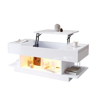 Table Basse Relevable Blanche 98x45x40 Cm Avec LED Et Rangement