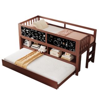 Lit Enfant 90x200 Cm Avec Lit Gigogne 90x190 Cm, Étagères Et Tableau Ardoise, En Bois, Brun