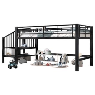 Lit Mi-haut 90x200 Cm Avec Escalier De Rangement Et Sommier à Lattes, En Métal, Noir