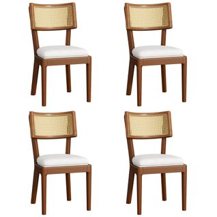 Lot De 4 Chaises De Salle à Manger, Dossier En Rotin Tressé, Assise Rembourrée En Lin, Noyer