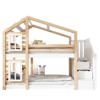 Lit Superposé 90x200 Cm, Lit Cabane Enfant, Rangement Intégré, En Bois, Naturel Et Blanc