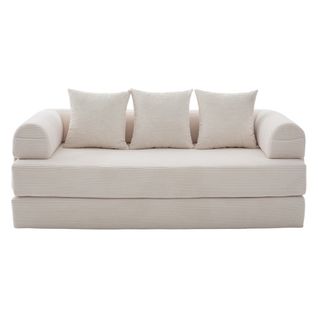 Canapé Convertible Modulable 2 Places En Velours Côtelé Beige, Structure Métal, 3 Coussins