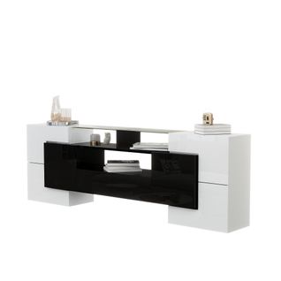 Meuble TV 200 Cm, Brillante, Avec 4 Portes, 2 Tiroirs, 3 Niches Ouvertes, Avec LED, Blanc Et Noir