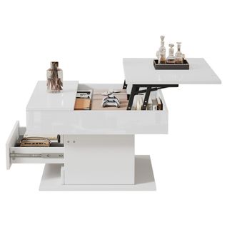 Table Basse Relevable Carrée Blanche 70x70x45 Cm Avec 1 Tiroir